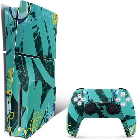 غلاف ألعاب من ألياف الكربون متوافق مع مجموعة PlayStation 5 Slim Disk Edition مع وحدة تحكم - CyanTag - غطاء لاصق واقٍ من الفينيل 3M الفاخر | صُنع في الولايات المتحدة الأمريكية بواسطة MightySkins in Kuwait