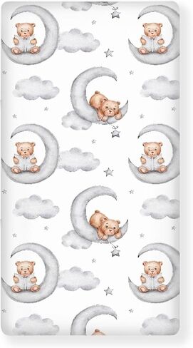 Teddy Bears Fitted Crib Sheet Watercolor Moon Star Clouds Standard Crib Mattress Fitted Sheet Grey Baby Toddler Bed Mattress Sheets for Boys Girls 28"x52" in Saudi Arabia