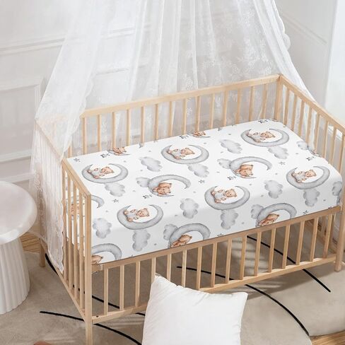 Teddy Bears Fitted Crib Sheet Watercolor Moon Star Clouds Standard Crib Mattress Fitted Sheet Grey Baby Toddler Bed Mattress Sheets for Boys Girls 28"x52" in Saudi Arabia