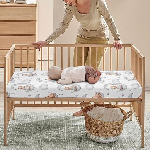 Teddy Bears Fitted Crib Sheet Watercolor Moon Star Clouds Standard Crib Mattress Fitted Sheet Grey Baby Toddler Bed Mattress Sheets for Boys Girls 28"x52" in Saudi Arabia