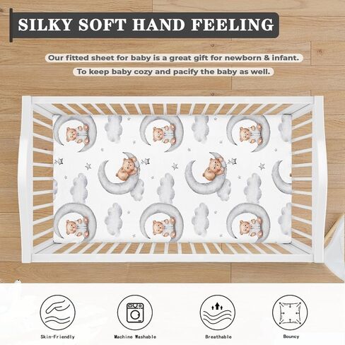 Teddy Bears Fitted Crib Sheet Watercolor Moon Star Clouds Standard Crib Mattress Fitted Sheet Grey Baby Toddler Bed Mattress Sheets for Boys Girls 28"x52" in Saudi Arabia