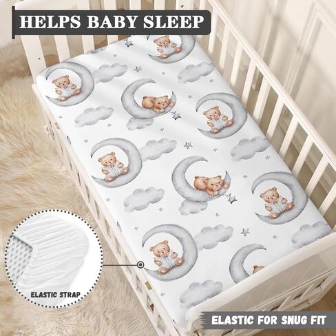 Teddy Bears Fitted Crib Sheet Watercolor Moon Star Clouds Standard Crib Mattress Fitted Sheet Grey Baby Toddler Bed Mattress Sheets for Boys Girls 28"x52" in Saudi Arabia