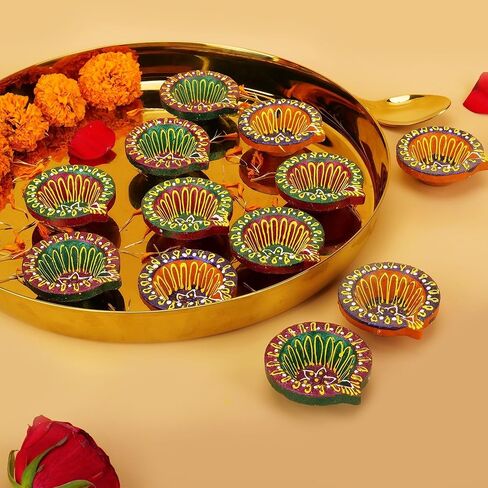 Diwali Diyas Clay Diya Diyas for Diwali [12 Pcs] Indian Puja Oil Lamp - Colorful Diyas for Diwali Decorations with Cotton Wicks - Indian Housewarming Return Gift Items Hashcart® in Saudi Arabia