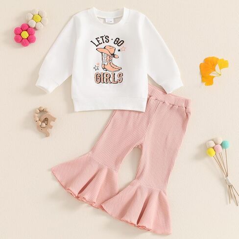 Ledy Champwiin Toddler Girl Floral Bell-bottom Outfits Crewneck Sweatshirt Flared Pants Baby Girl Clothes Set in Saudi Arabia