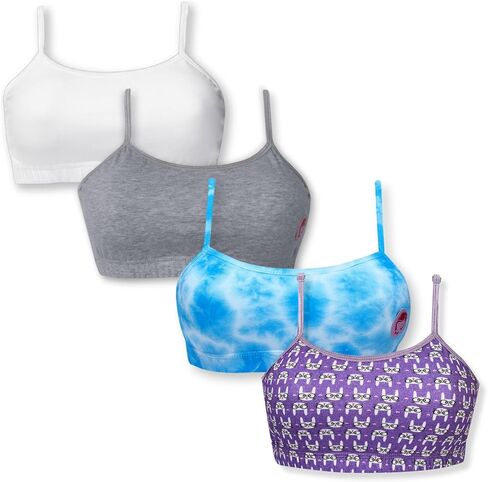 DChica Girls Cotton Starter Bra | Lightweight Single Layer Training Bra for Teenagers | Printed & Solid Broad Strap Beginner Bra - Pack of 4, Large Size in Saudi Arabia