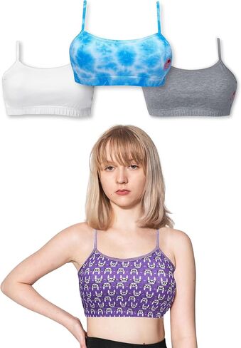 DChica Girls Cotton Starter Bra | Lightweight Single Layer Training Bra for Teenagers | Printed & Solid Broad Strap Beginner Bra - Pack of 4, Large Size in Saudi Arabia