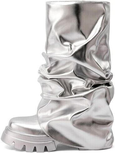 VOMIRA Women's Fold Over Boots Slouchy Boots Wide Calf Pleated Platform Boots Glitter Metallic Silver Boots Chunky Stacked Boots Mid Calf Boots in Saudi Arabia