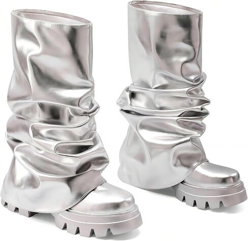 VOMIRA Women's Fold Over Boots Slouchy Boots Wide Calf Pleated Platform Boots Glitter Metallic Silver Boots Chunky Stacked Boots Mid Calf Boots in Saudi Arabia