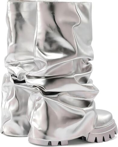 VOMIRA Women's Fold Over Boots Slouchy Boots Wide Calf Pleated Platform Boots Glitter Metallic Silver Boots Chunky Stacked Boots Mid Calf Boots in Saudi Arabia