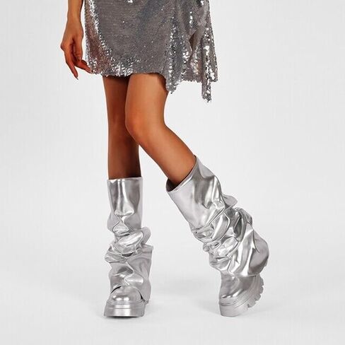 VOMIRA Women's Fold Over Boots Slouchy Boots Wide Calf Pleated Platform Boots Glitter Metallic Silver Boots Chunky Stacked Boots Mid Calf Boots in Saudi Arabia