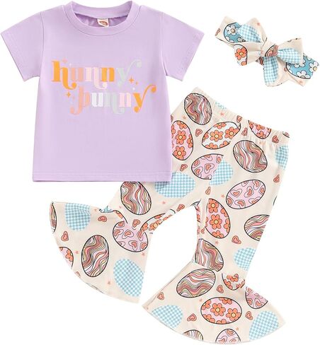 Toddler Baby Girl Easter Outfits Short Sleeve T Shirt Top + Bunny Print Bell-Bottom Flared Pants Summer Clothes Set in Saudi Arabia