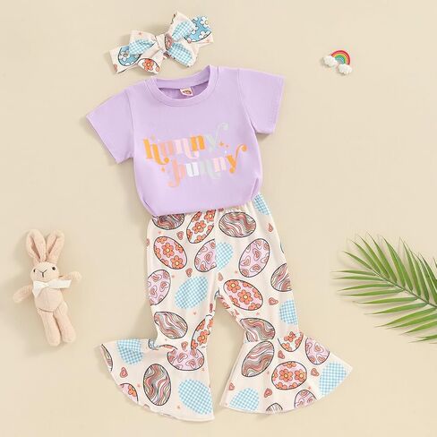 Toddler Baby Girl Easter Outfits Short Sleeve T Shirt Top + Bunny Print Bell-Bottom Flared Pants Summer Clothes Set in Saudi Arabia