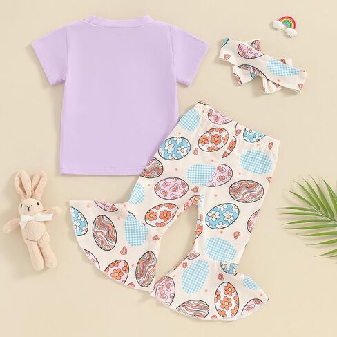Toddler Baby Girl Easter Outfits Short Sleeve T Shirt Top + Bunny Print Bell-Bottom Flared Pants Summer Clothes Set in Saudi Arabia