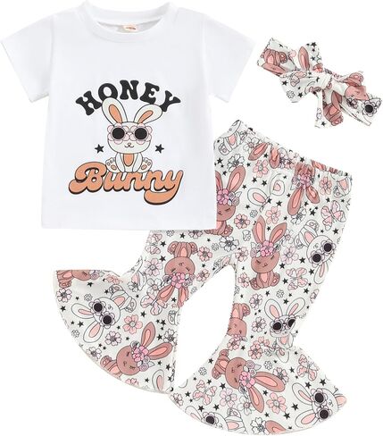Toddler Baby Girl Easter Outfits Short Sleeve T Shirt Top + Bunny Print Bell-Bottom Flared Pants Summer Clothes Set in Saudi Arabia