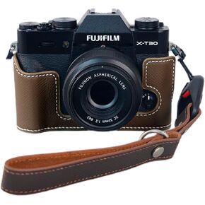 Bowan X-T30 Camera Case, Handmade Genuine Real Leather Half Camera Case Bag Cover for Fujifilm Fuji X-T20 X-T10 Camera Bottom Opening Version + Hand Strap(Blue) in Saudi Arabia