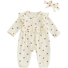 Sasaerucure Infant Baby Girl Valentines Outfit Long Sleeve Heart Jumpsuit Newborn Baby Girl Smocked Bubble Romper + Headband