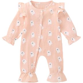 Sasaerucure Infant Baby Girl Halloween Clothes Long Sleeve Ghost Onesie Newborn Baby Girl Smocked Bubble Romper Ruffle Outfit