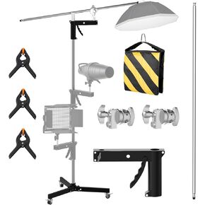 C Stand Boom Arm Stainless Steel Photography Light Stand 8.20ft with Casters, 4.33ft Extendable Arm, 360° Adjustable Head for Softbox Support System