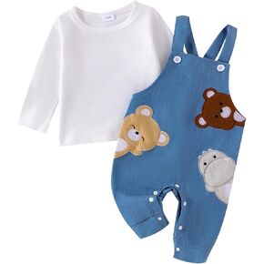 Newborn Baby Boy Girl Fall Outfits Long Sleeve Stripped Tops Waffle Suspender Bear Jumpsuit Baby Winter Clothes Set