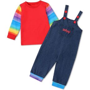 Baby Boy Girl Halloween Outfits Rainbow Striped Halloween Shirt and Blue Halloween Suspenders Overalls 2PCS Clothes