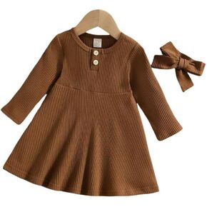 Girls Round Neck Button Casual Comfort Long Sleeve Knitted Dress