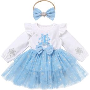 ODASDO Baby Girl First Birthday Party Dress Snowflake Print Velvet Long Sleeve Tutu Romper with Bowknot Headband