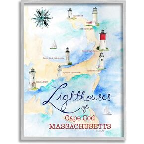 Stupell Industries Coastal Map of Cape Cod Massachusetts Lighthouses, Design by Melissa Hyatt LLC Grey Framed Wall Art, 16x20, Blue