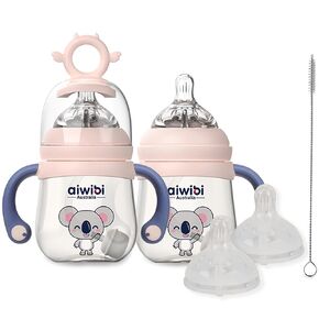 PPSU Anti-Colic Baby Bottles for Breastfeeding Babies, 6 oz (2 pk), Weighted Straw Baby Bottles, Easy to Hold Handles, Medium Flow Nipple, 6+ Months, Easy to Clean (Blue)