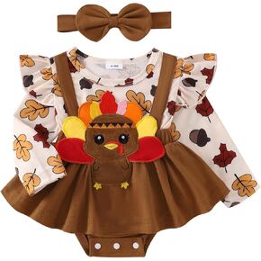 BULINGNA Newborn Baby Girl Thanksgiving Outfit Turkey Embroidery Ruffle Long Sleeve Romper Dress with Headband Fall Winter