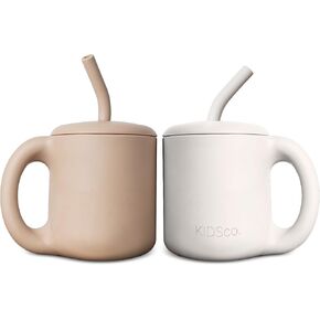 Silicone Sippy Cups for Toddlers 1-3 and Training Sippy Cup for 6 month old | Soft Spout and Staw Lid | Unbreakable Easy Grip for Babies and Toddlers 5oz/150ml (Oat and Tan Straws)