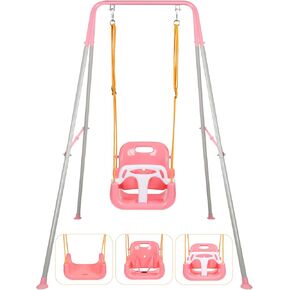3-in-1 Toddler Swing Set, Indoor & Outdoor Baby Swing Heavy Duty Swing Set with Foldable Metal Stand for Aged 6 Months to 10 Years Old, Easy to Assemble and Store(Blue)