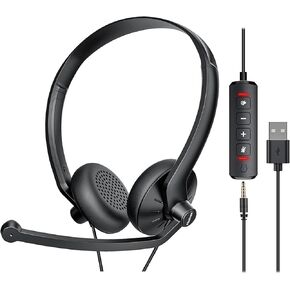 USB Headset with Microphone for PC - Wired Computer Headphones with Noise Cancelling Microphone