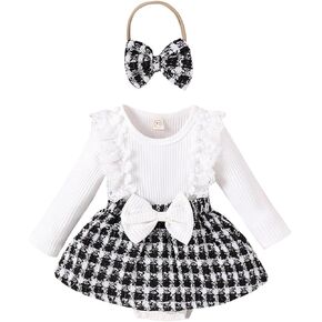 Baby Girl Fall Outfit Plaid Romper Lace Ruffles Long Sleeve Dress Toddler Girl Clothes with Bow Headband