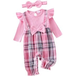 Douhoow Baby Girl Festival Clothes Plaid Baby Jumpsuit Long Sleeve Jumpsuit Romper Overalls with Bow Headband