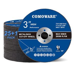 COMOWARE 25+1 Pack 3" Cut Off Wheel, Cut Off Wheels 3 x 1/16 x 3/8 Inch Ultra Thin, Metal and Stainless Steel Cutting Wheel for Angle Grinder, General Purpose Metal Cutting Disc for Angle Grinder