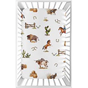 Sweet Jojo Designs Western Cowboy Boy Fitted Mini Crib Sheet Baby Nursery Infant Newborn Bed Room Portable Pack n Play Mattress Wild West Southern Charm Country South Horse Steer Cow Farm Animal Taupe