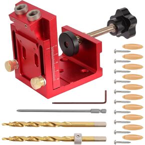 Pocket Hole Jig Tool Kit for Carpentry with Guide Hole Block with Adjustable Hole Pitch, Removable Pocket Hole Drill Guide Jig Set for 15° Angled Holes, Portable Pocket Hole Screw Clamp System, Red