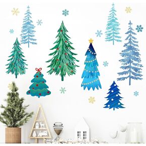 Mfault Winter Pine Tree Wall Decals Stickers, Watercolor Christmas Tree Snowflake Decorations Bedroom Art, Seasonal Xmas Holiday Home Kitchen Decor