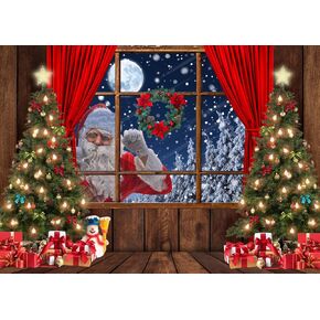 LYCGS 7X5FT Christmas Backdrop Santa Claus Photo Background Winter Snow Xmas Wooden Window Moon Christmas Tree Gifts Photography Background New Year Party Decorations Banner X-68