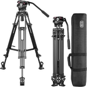 SCG S5 Professional Heavy-Duty Aluminum Tripod System 65" Video Tripod with Adjustable Damping Fluid Head Tripod Kit for Cameras Camcorder DSLR QR Plate Center Column Max Load 13.2lb/6kg