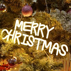 Planzo Merry Christmas LED Neon Sign USB Home Office Classroom Window Wall Decor Sign Christmas Tree Light Background New Year Bedroom Kids Room Christmas Gift 5V 15.75" X 6.3" Warm White