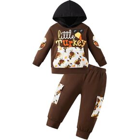 Toddler Baby Boy Thanksgiving Outfit 2Pcs Set Little Turkeys Boys Outfit Long Sleeve Hoodie+Long Pant