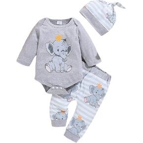 Newborn Baby Boy Clothes Long Sleeve Crewneck Elephant Romper Bodysuit Cotton Pants with Hat Coming Home Outfit