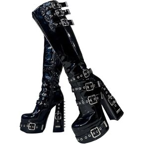 Frankie Hsu Goth Sexy Chunky Platform Knee High Heeled Boots, Black Patent Silver Rivets Multi Buckle Gothic, Punk Y2K Hot Girl Big Large Size Wide Calf Shoes For Women Men