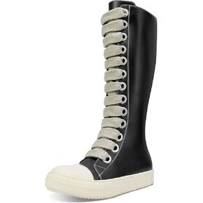 IMPREMEY Womens Knee-High Round Sneakers Thick Boots Laces Comfort Platform Walking Boots with Zipper