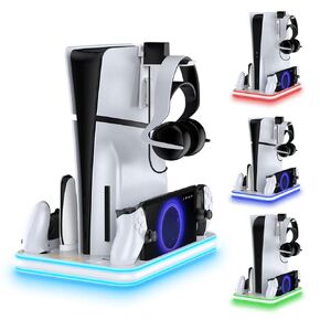 PS5 Slim Stand and Cooling Station with RGB LED Controller Charging Station for PlayStation 5, PS5 Controller Charger for Dual Sense & Edge Controller, PS5 / PS5 Slim Accessories Cooling White