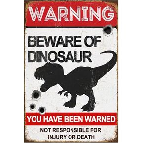 Funny Dinosaur Tin Signs, Warning Metal Sign, Danger Dino Area, Dino Poster Wall Decor Plaque for Kids Boys Room, Playroom, Nursery Room 8 X 12 Inches