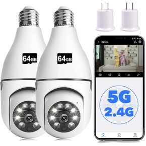 Light Bulb Security Camera,1080P 5GHz& 2.4GHz Wireless Light Bulb Camera for Pet Camera, 360 ° PTZ Light Socket Camera (1Pack 5GHz & 2.4GHz with 64GB SD Card)