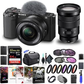 Sony ZV-E10 Mirrorless Camera with 16-50mm Lens Black ILCZV-E10L/B, Sony 18-105mm Lens, 64GB Memory Card, Color Filter Kit, Filter Kit, Corel Photo Software, Bag, NPF-W50 Battery, and More