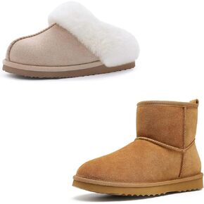Litfun Women's Set of 2 Pairs - Fuzzy House Slippers (Size 7.5-8, Apricot) - Suede Mini Boots (Size 8-8.5, Chestnut)